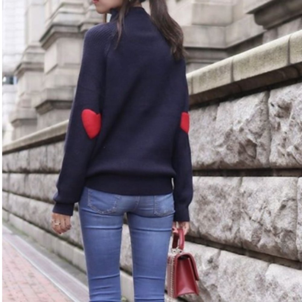 Ribbed turtleneck sweater with heart elbow patches